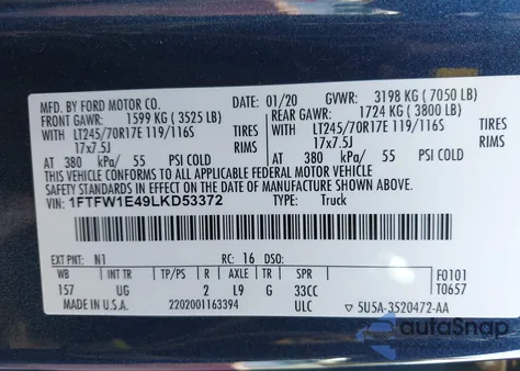 2020 Ford F-150 Xlt from USA, damaged, VIN 1FTFW1E49LKD53372